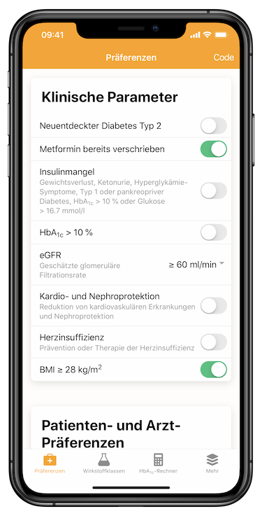Screenshot der Seite Präferenzen von der App Swiss Diabetes Guide