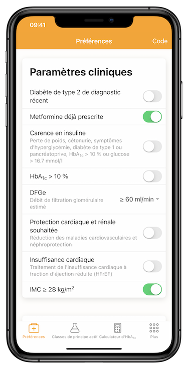 Capture d'écran de la page Préférences de l'Appli Swiss Diabetes Guide